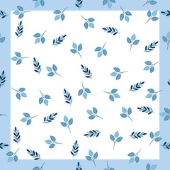 Fototapeta premium Blue Winter Leafy Branch Seamless Pattern with Hand-Drawn Leaves and Botanical Sprigs