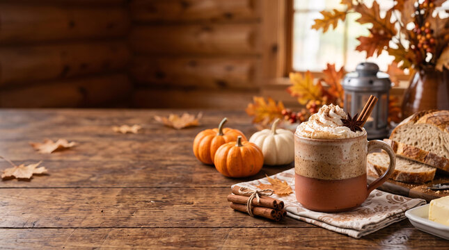 Cozy warm drink topped with marshmallows near fireplace with pumpkins and autumn leaves