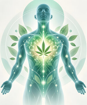 Human anatomy conceptual illustration with cannabis leaf on chest, glowing energy pathways and chakras in green