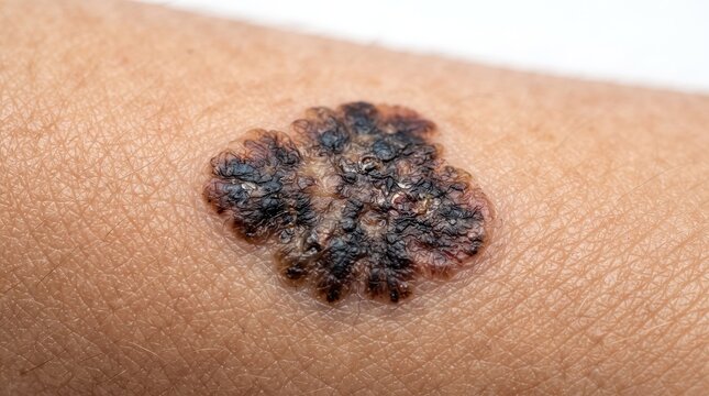 Macro Close Up of Suspicious Irregular Dark Mole Melanoma on Human Skin