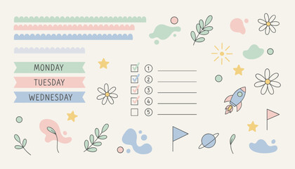 Obraz premium Weekly planner worksheet template kit with daily labels to do list and cute pastel space stickers on beige background.