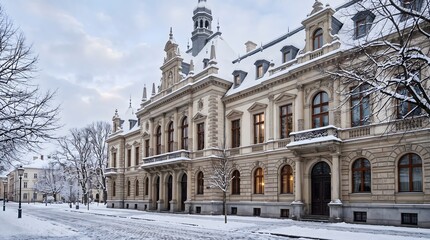 Obraz premium Historic European Building Covered in Snow on a Winter Day.