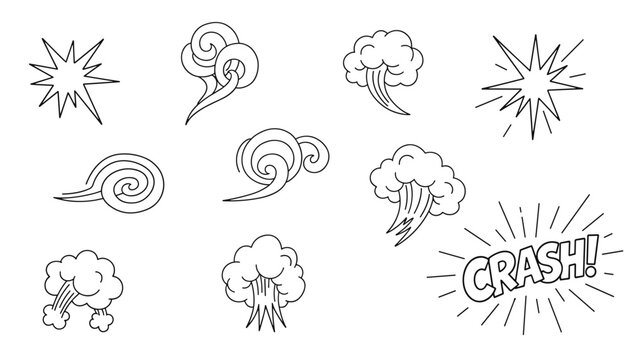 Hand drawn outline collection of comic style explosions, smoke puffs, wind swirls, and crash sound effects.