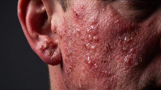 Extreme close up of a face suffering from severe weeping eczema or blistering contact dermatitis