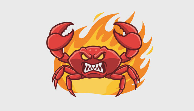 Cartoon illustration of an angry red crab with sharp teeth and open claws standing in front of roaring hot orange flames.