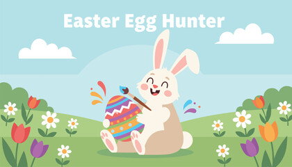 Fototapeta premium Cute Easter bunny sitting in a grassy field of flowers and painting a colorful decorated Easter egg with a brush.