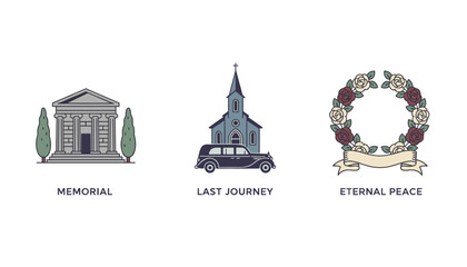 Obraz premium Set of three funeral and memorial service icons showing a classic temple, church with a hearse, and rose wreath.