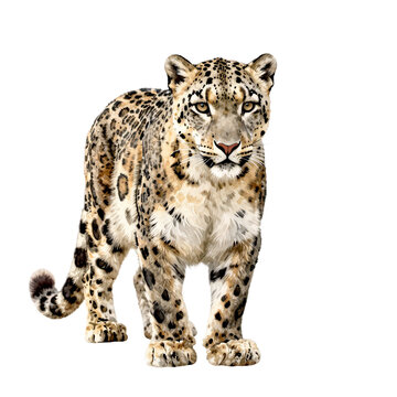 A realistic illustration of a snow leopard standing and looking forward