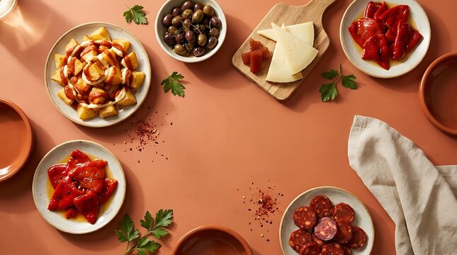 Top view of various mediterranean tapas plates arranged on a warm rustic table for a delicious dinner. Spanish cuisine layout