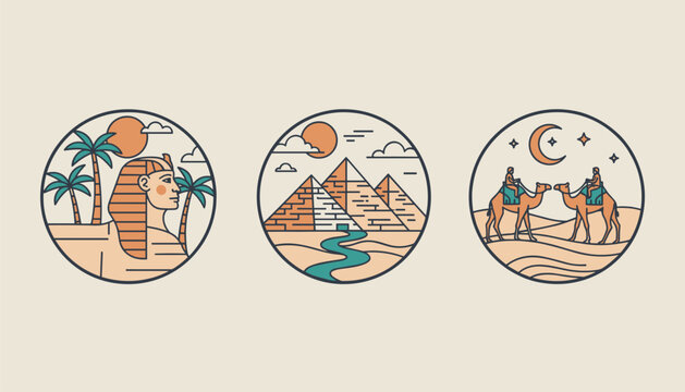 Set of three circular line art badges depicting famous ancient Egyptian symbols including the Sphinx, pyramids, and camels.
