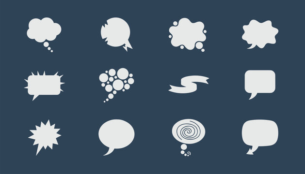 Twelve white speech bubbles and thought balloons in various shapes and styles set against a dark blue background.
