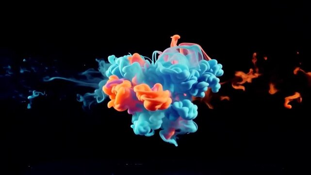 Electric cyan and vivid orange pigment clouds curl through darkness in a dramatic colorful abstract fluid background.