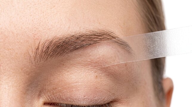 Close-up of applying clear adhesive tape on woman's eyebrow for allergy patch testing or cosmetic skin barrier analysis