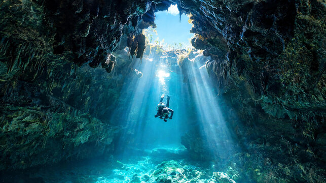 Diver descending into blue Mexican cenote
