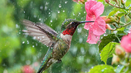 Obraz premium Hummingbird feeding among suspended rain droplets