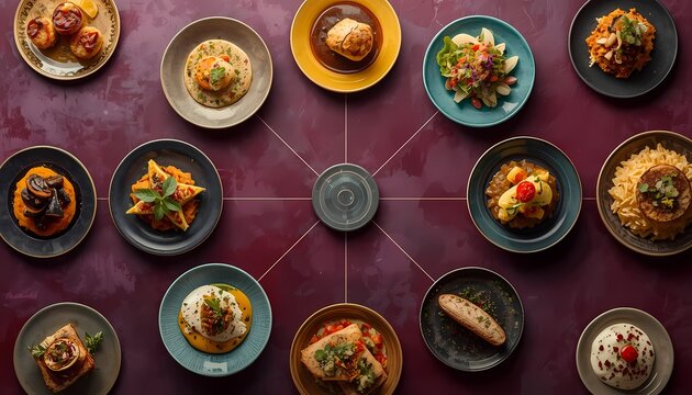 Gourmet Food Dishes arranged in Circular Pattern Flat Lay Top View on Burgundy Table Background
