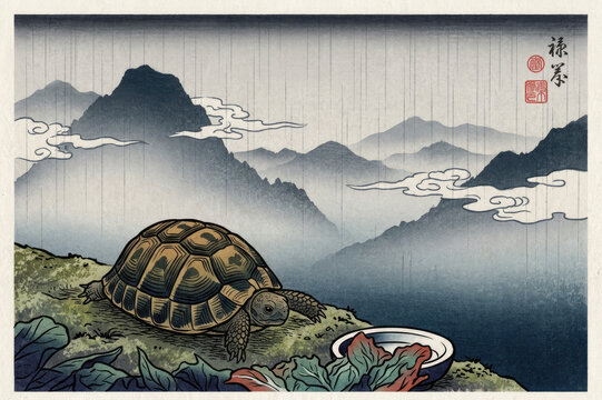 Petite tortue terrestre et paysage de montagnes sous la pluie, style estampe ancienne