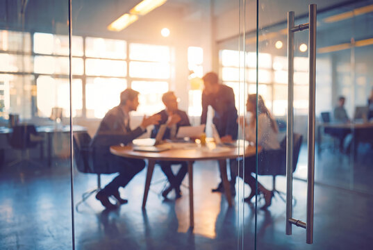 Blurred silhouettes of professionals discussing in a meeting in horizontal collaboration behind office glass with sun flare glowing