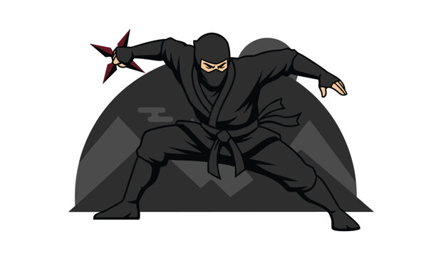 Stealthy ninja warrior in a black outfit stands in a powerful combat stance while holding a sharp shuriken weapon.