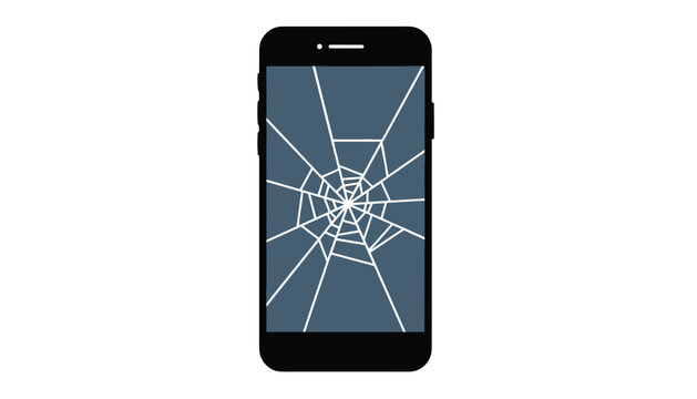 Illustration of a modern black smartphone features a severely shattered and cracked screen on a plain white background.