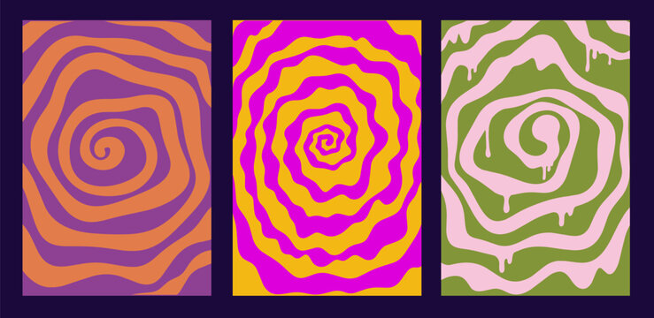 Swirl Colored Spiral Psychedelic Halloween Pattern. Hand drawn Groovy Retro Vortex Background. Set of Optical Illusion Hypno Spiral Bg. Collection of Holidays Abstract Vector Wavy Twirl Dizzy Texture.