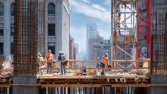 Urban construction workers building a new high rise in the city contributing to modern development and skyline growth