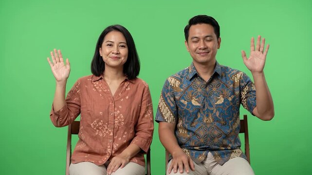 Happy Indonesian couple sitting and waving hello against green screen chroma key background
