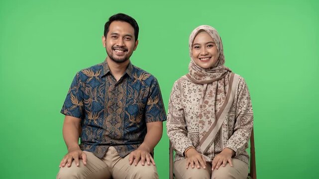 Happy Indonesian couple waving hands greeting sitting against green screen background