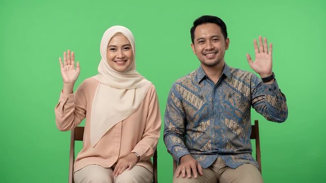 Friendly Indonesian couple waving hello against a green screen background
