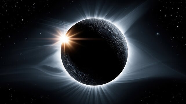 Planet experiencing solar eclipse in dark space with bright sunburst and glowing corona effect