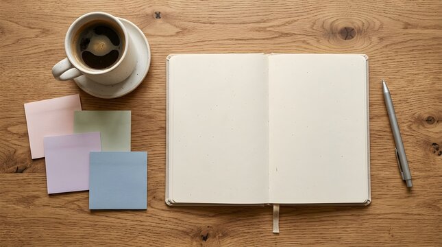 Open blank notebook on a wooden desk accompanied by a cup of coffee, silver pen and colorful sticky notes, suggesting planning, journaling, creativity and a calm productive workspace.