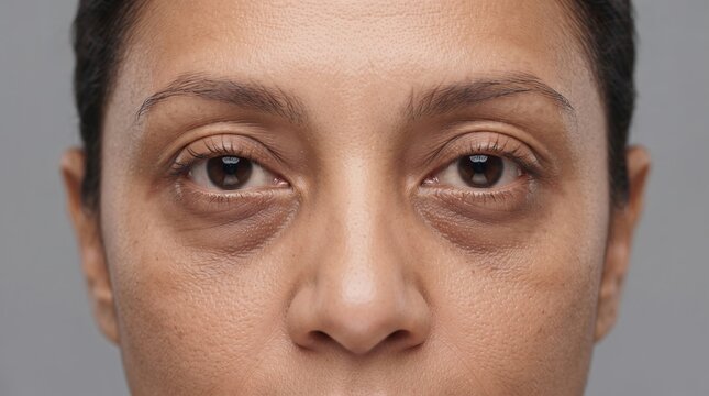 Close up portrait of a woman's face showing severe dark circles and hollow under eyes