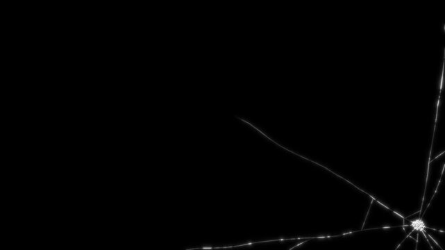 Glowing white cracks spider across black screen as glass shatters from impact points. Luminous fracture lines spread in stages. Dramatic effect for transitions and action graphics.