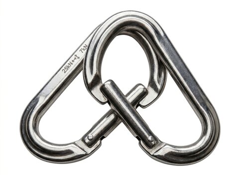 Two interconnected stainless steel carabiners linked together isolated on a white background representing safety and security equipment