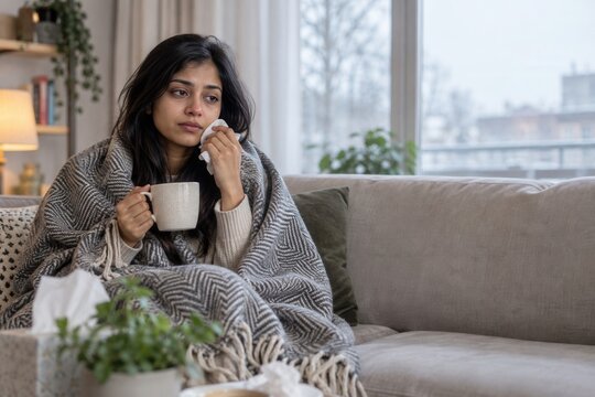 Sick young woman wrapped in blanket with cold, holding tea mug with tissue on sofa at home on gloomy winter day