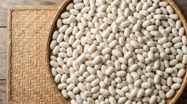 White silkworm cocoons for raw silk production inside a round bamboo tray on a woven mat