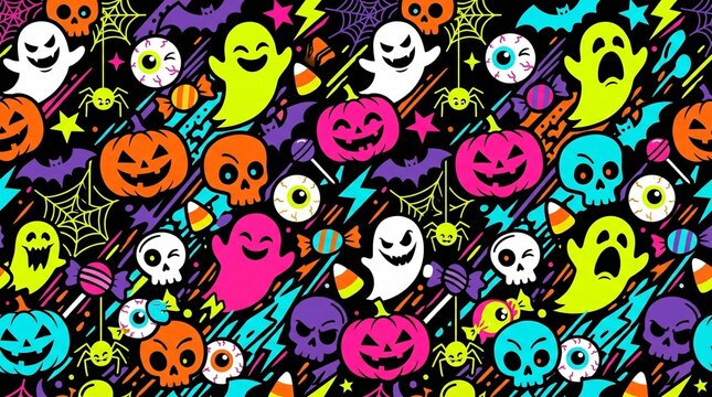 Halloween Ghosts Pumpkins and Skulls Seamless Pattern Background