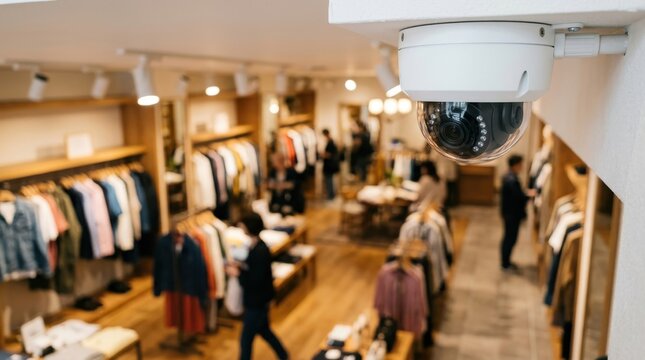 Security camera photo inside retail store surveillance system ceiling dome safety monitor shopping clothing mall apparel shop business prevention protection