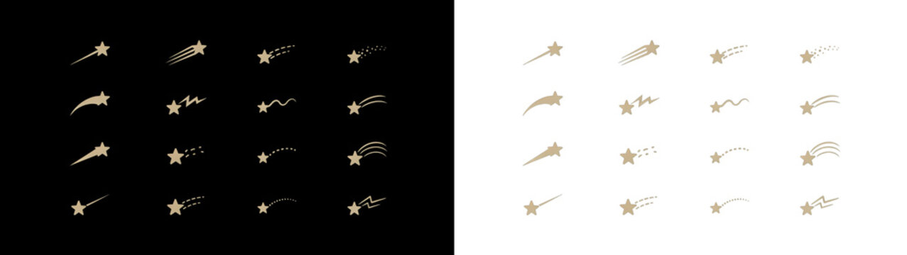 Set of shooting stars, falling stars, and comet icons collection of celestial elements with various trails, sparkles, and motion lines in a minimalist vector style isolated on transparent background