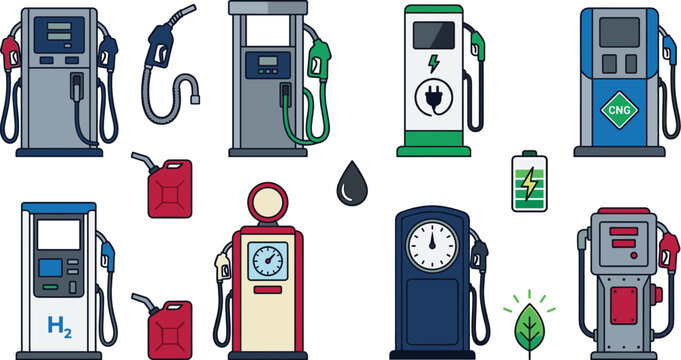 Flat vector gas station icon set featuring electric vehicle charging station hydrogen fuel dispensers cng and vintage retro pumps
