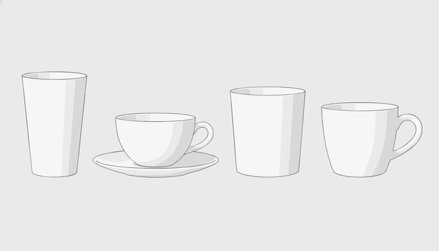 Row of four clean white ceramic cups and a tall glass of varying designs and sizes on a neutral gray background.