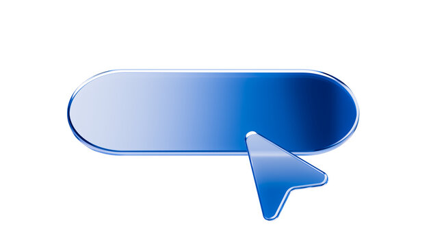 Glossy blue oval web button with mouse cursor pointer, 3D render UI element for call to action, navigation, and website design isolated on white background