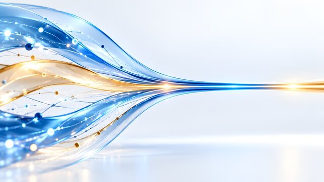 Abstract data integration pipeline with glowing blue and gold fluid waves converging into single stream