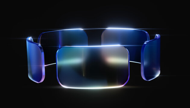 Floating ring of translucent blue glass tiles on black background for tech app logo icon, connection flow, saas website graphic and corporate process. 3d rendering