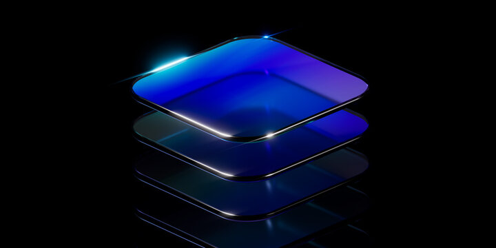 Glass panel stack on black, 3d rendering minimal tech concept for fintech app, corporate presentation, digital wallet concept and cloud computing software ui banner