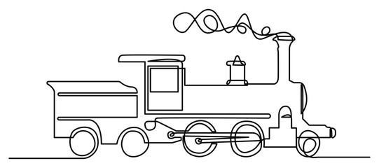 A continuous line illustration of a classic steam locomotive in motion. Ideal for themes related to railways, transportation, travel, vintage style, industry, or retro aesthetics. © MNAStudio