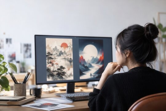Female designer looking at ink landscape artwork on computer monitor at creative home studio desk, freelance work