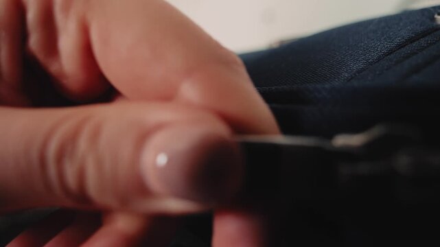 Close-up of hand zipping up navy suitcase, packing luggage before travel, close-up video footage.