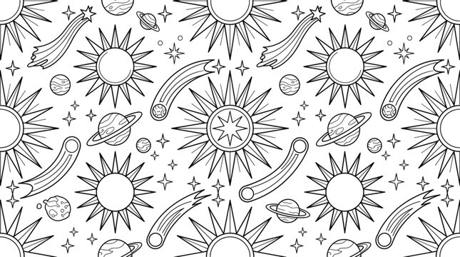 Black and white celestial space seamless pattern with suns, planets, and shooting stars in line art style.