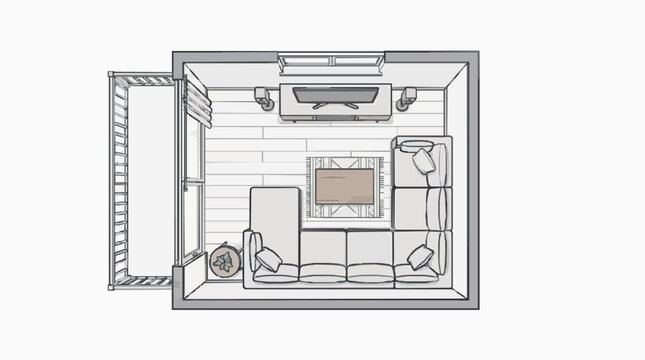 Compact Studio Apartment Floor Plan with Built in Furniture and Fireplace